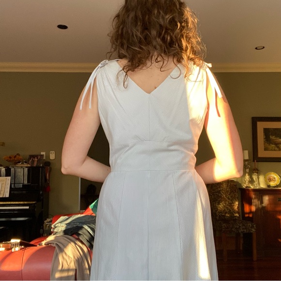 Vintage Y2K Blue Pinstripe Fitted Bodice Button-Up Sleeveless Summer Dress - Picture 10 of 15